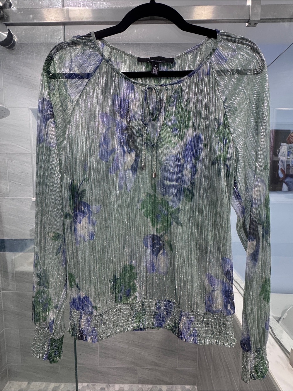 White House Black Market Green Floral Metallic Pleated Blouse
